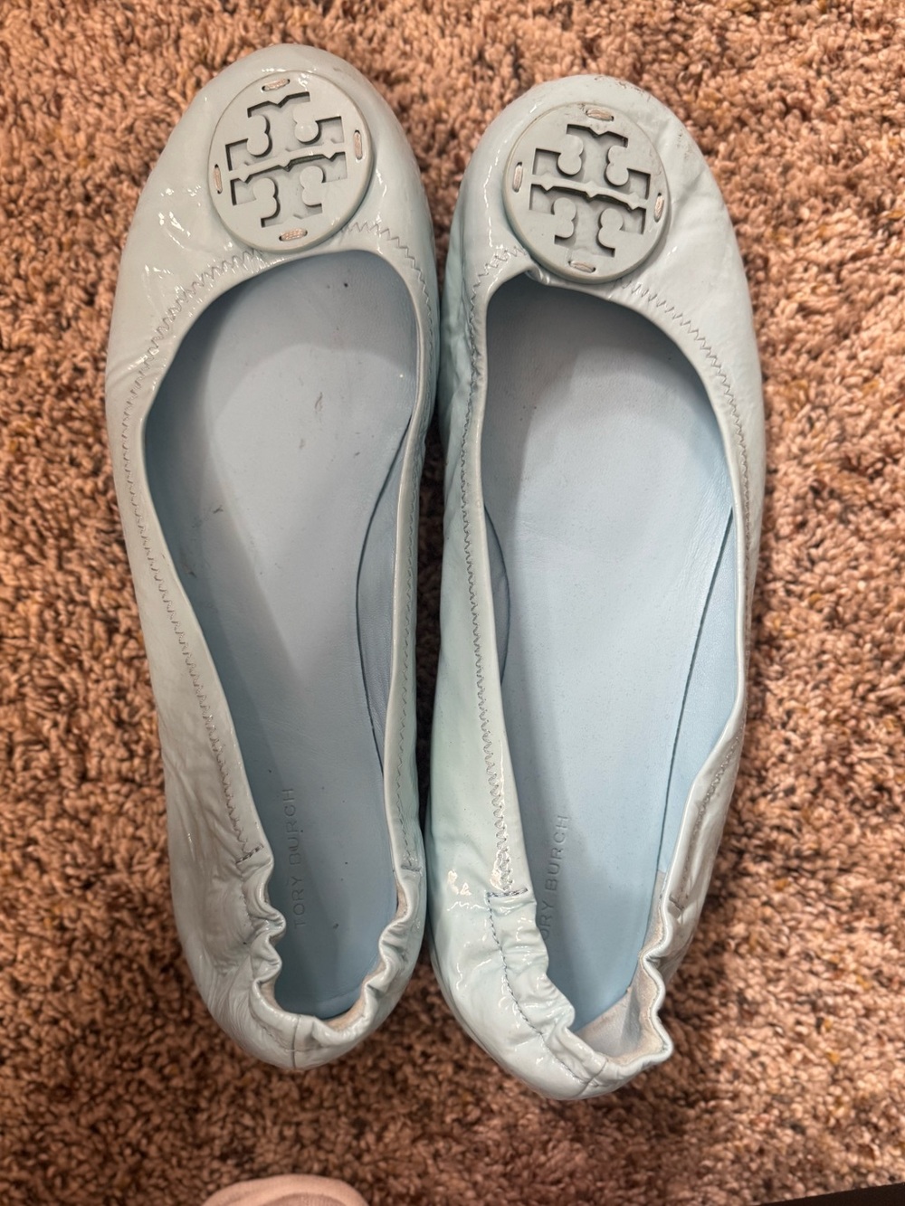 Tory Burch Powder Blue Patent Leather Logo Ballet Flats